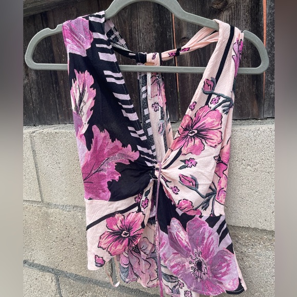 Free People Hot Tropics Floral Print halter Clinched Plunging V-Neck racer back - Picture 8 of 8